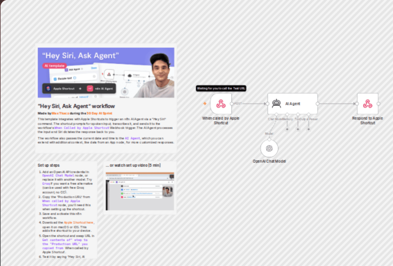 Siri AI agent: Apple Shortcuts powered voice template workflow diagram