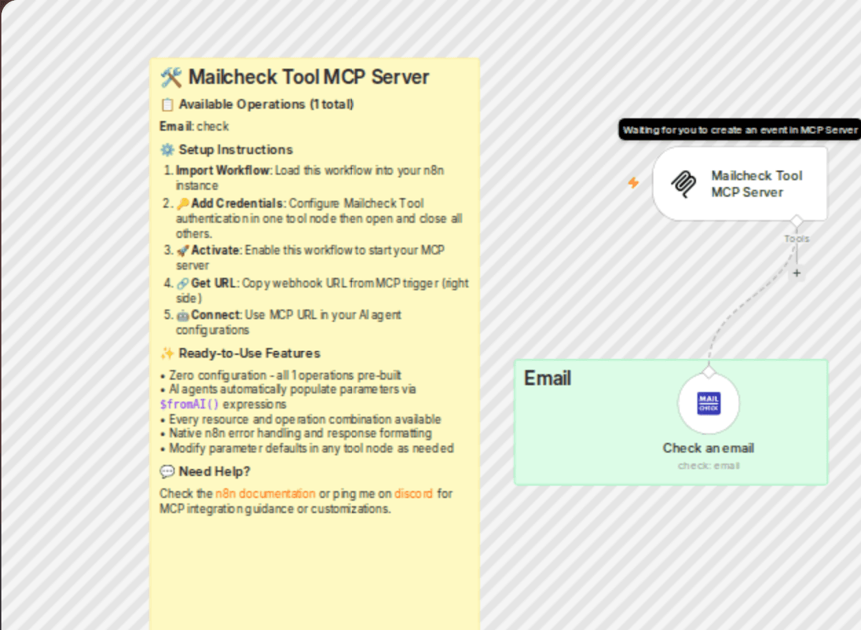 Check email via AI agent with Mailcheck Tool MCP Server workflow diagram