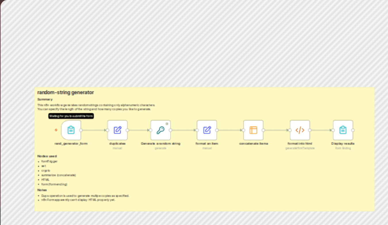 Generate customizable random strings with interactive forms workflow diagram