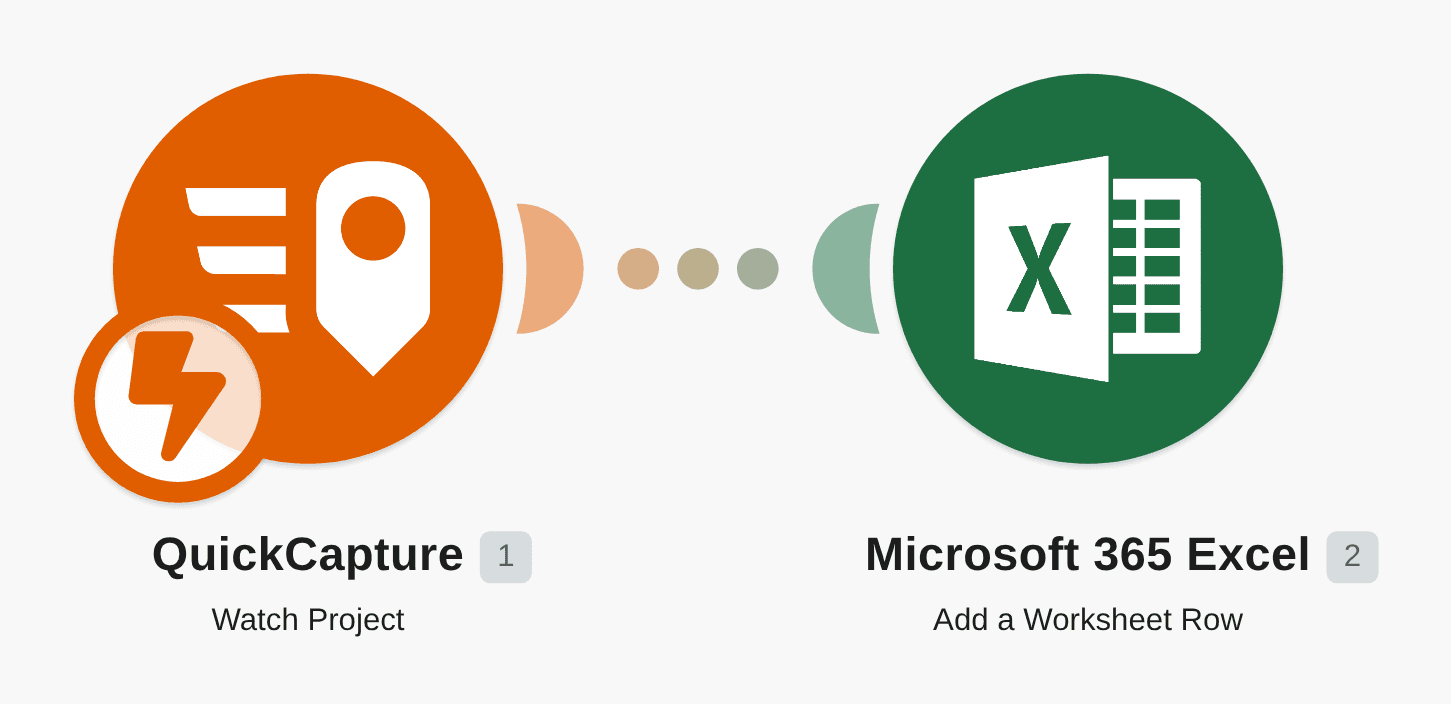 Add a new row to a Microsoft 365 Excel worksheet from a new project event in QuickCapture workflow diagram