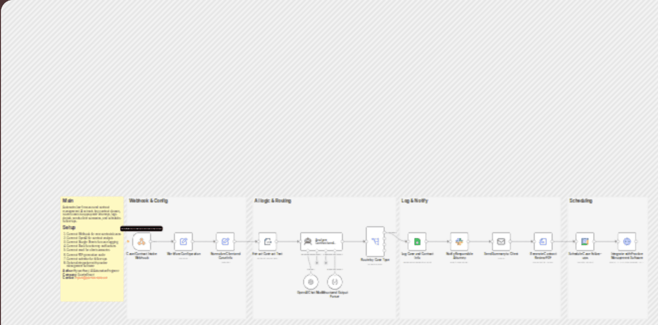 Analyze legal contracts with GPT-4.1 and manage cases in Google Sheets and Slack workflow diagram