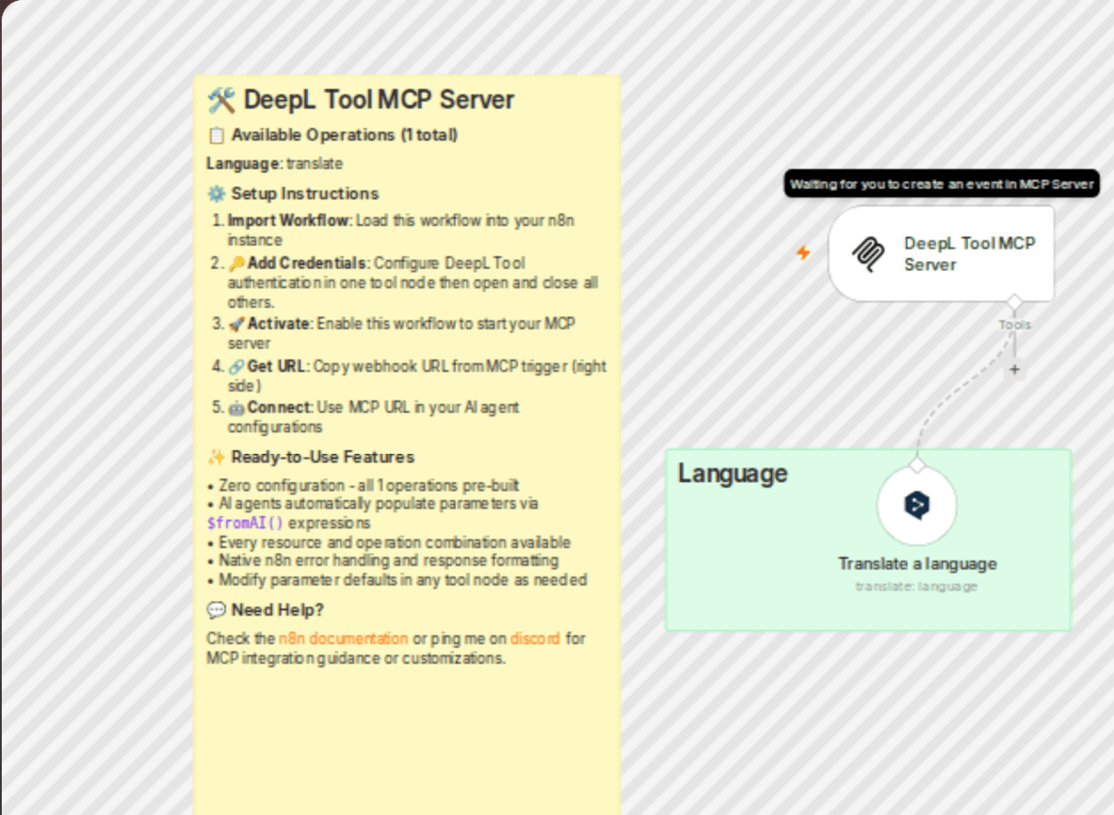 Expose translate a language endpoint to AI agents with DeepL tool MCP Server workflow diagram